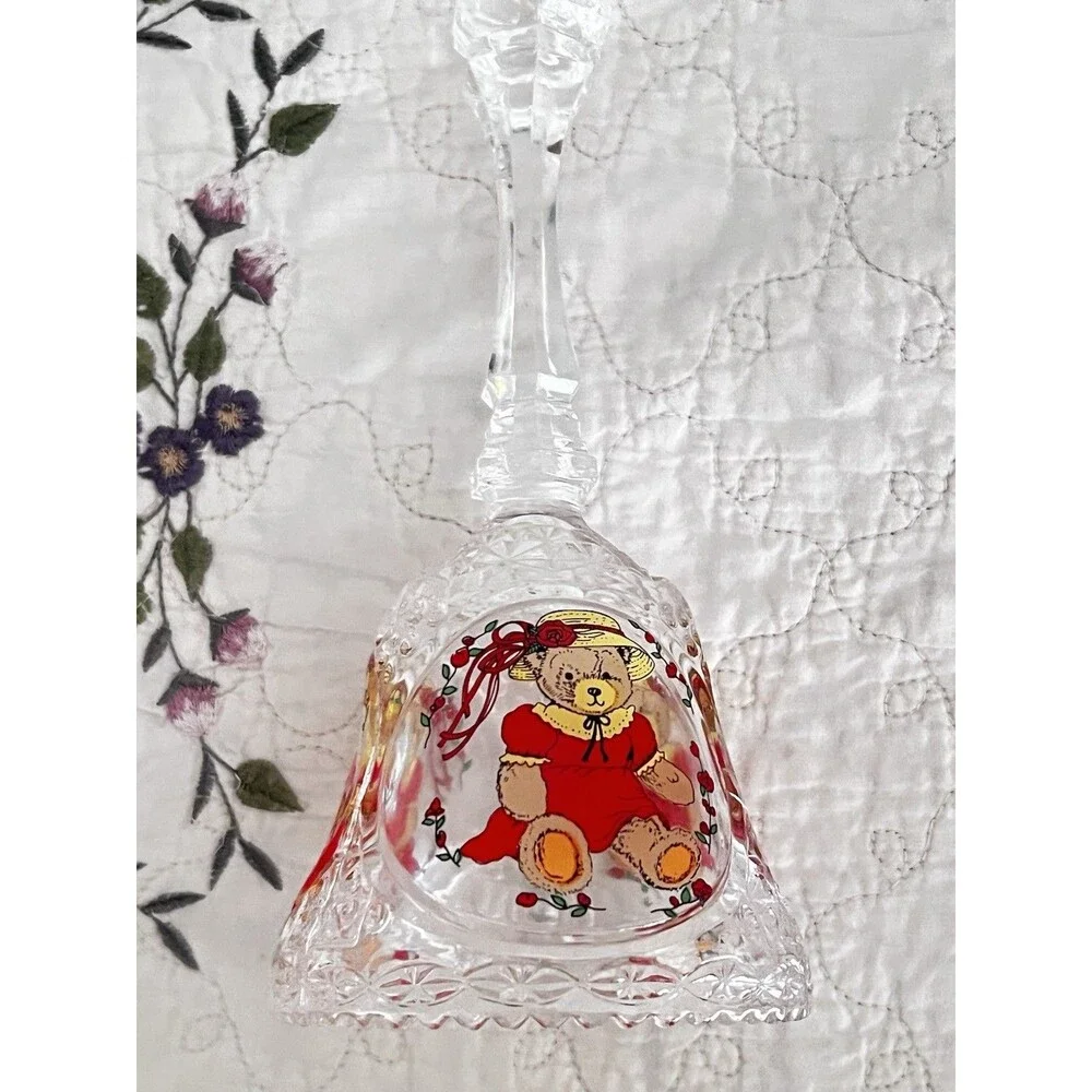 Vintage Large Nanco Lead Crystal Teddy Bear Bell 8” Cut Glass Cottagecore Decor